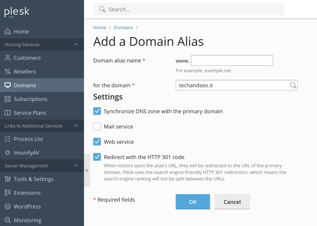 Redirect e Alias in Plesk con SSL 3 Plesk Alias conf